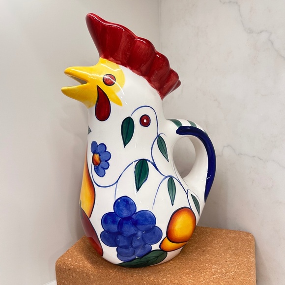 Baum Brothers 90s Vintage Italian Wine Chicken Pitcher - Rooster & Fruits - Picture 1 of 5